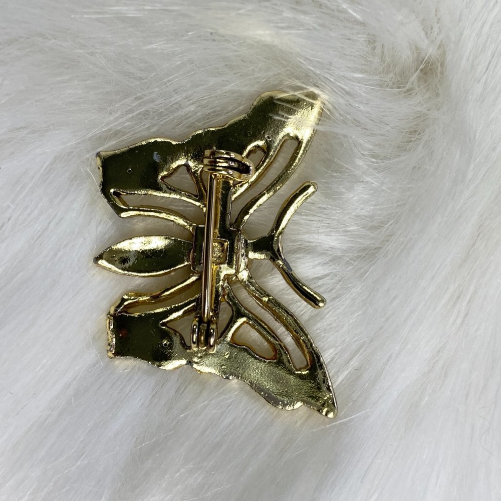Vintage Rhinestone Green & Aurora Borealis Gold Tone Butterfly Brooch - Picture 5 of 5